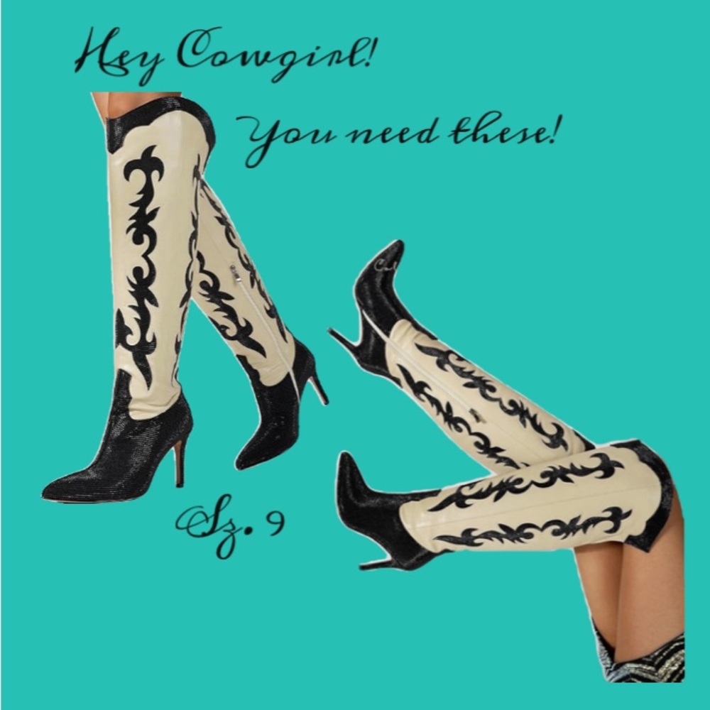 Black and Cream Knee-High Boots